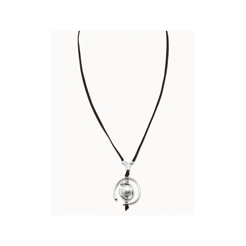 Collar Uno de 50 cuero plata y perla COL0973