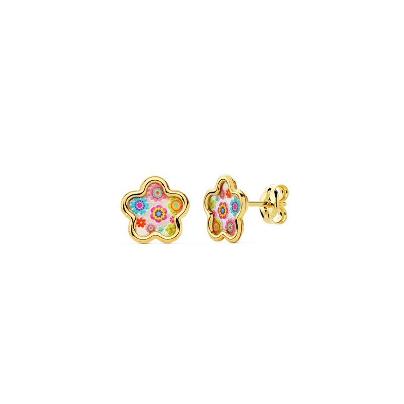 Pendientes Oro infantiles flor nácar colores