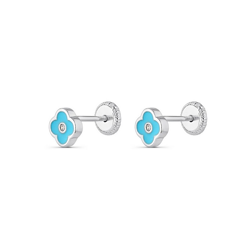 Pendientes bebé flor azul plata