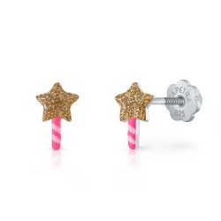 Pendientes bebé varita rosa plata