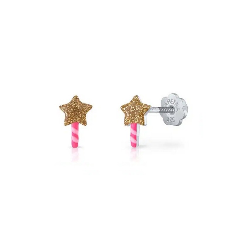 Pendientes bebé varita rosa plata