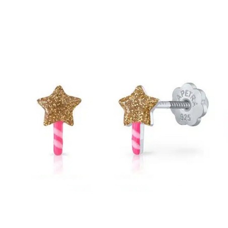 Pendientes bebé varita rosa plata