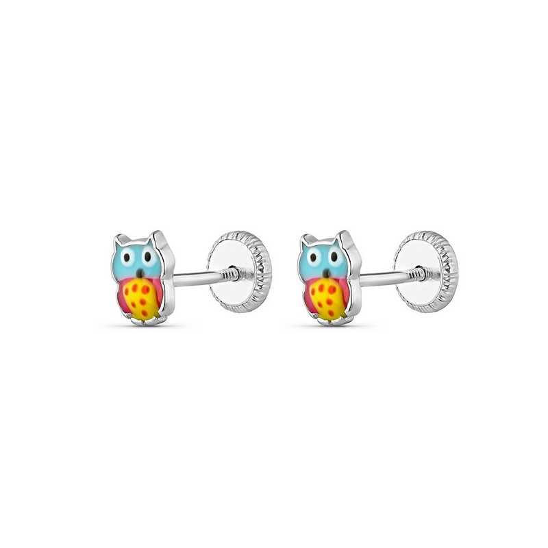 Pendientes infantiles buho de plata y esmalte