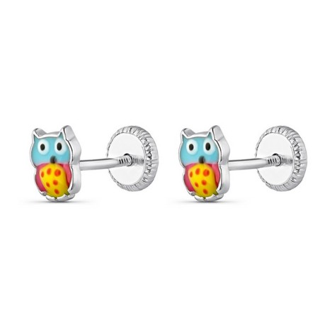 Pendientes infantiles buho de plata y esmalte