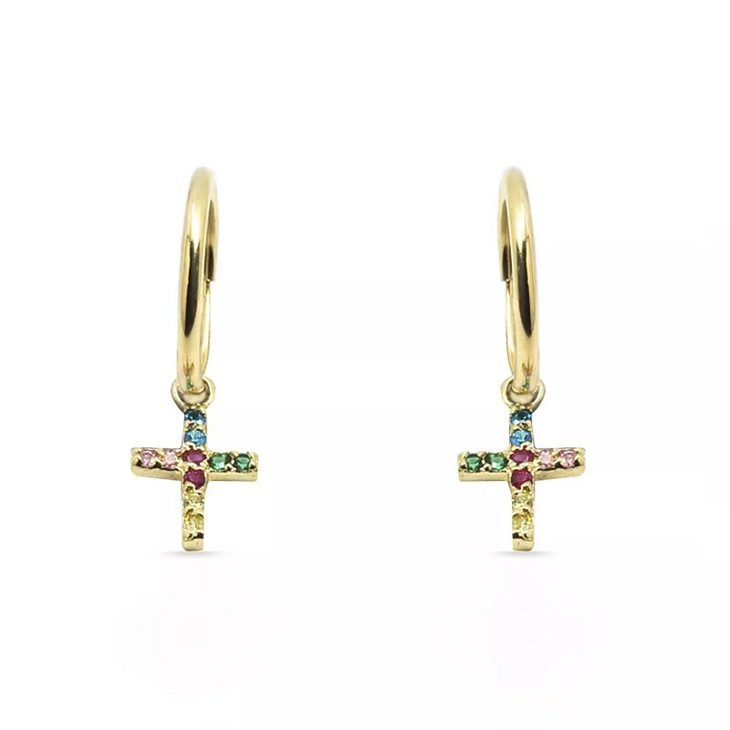 Aros de Oro cruz multicolor